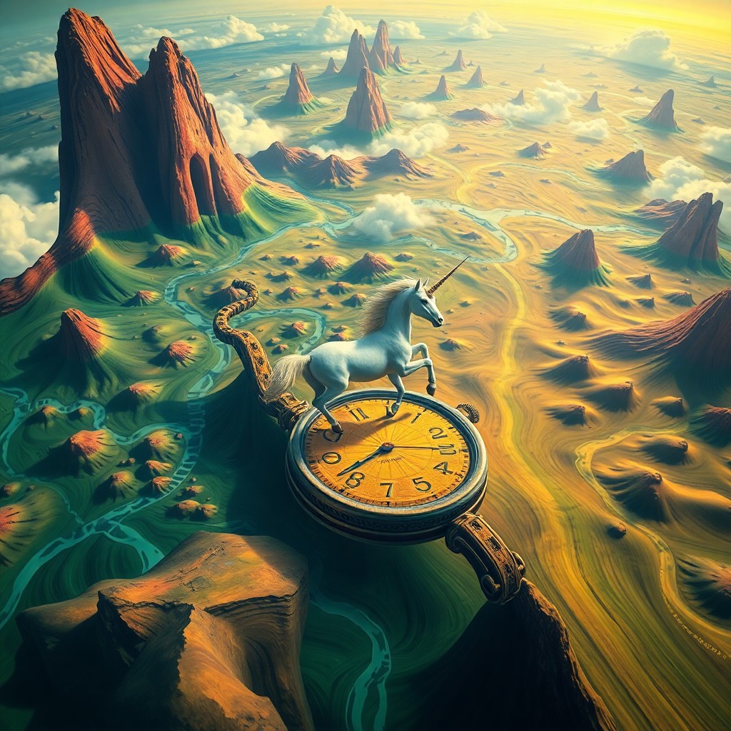 AI generated art for prompt: A whimsical digital art piece showcasing an aerial view of a surreal landscape, characterized by dre