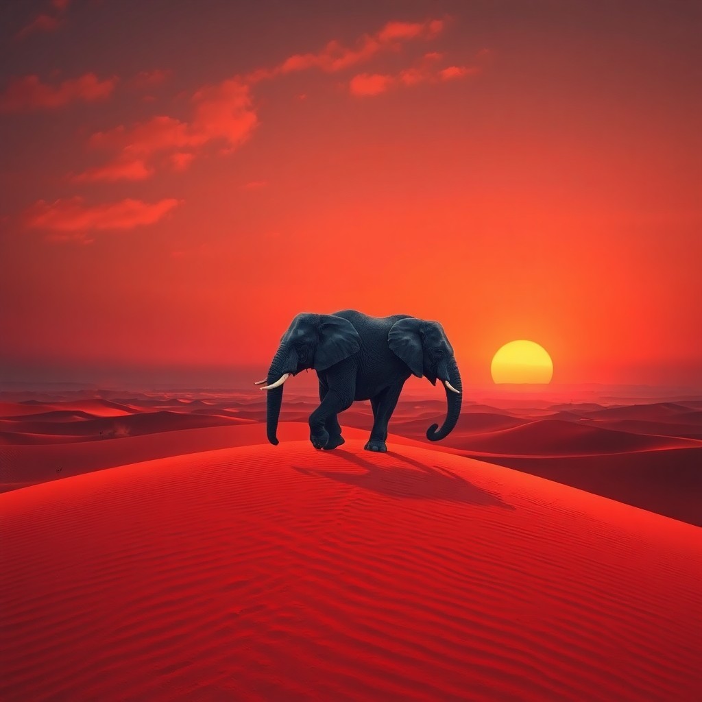 AI generated art for prompt: A surreal dreamscape unfolds as a majestic elephant gracefully traverses an expansive, crimson deser