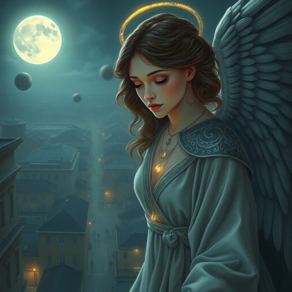 AI generated art for prompt: A portrait of an enigmatic celestial being, reminiscent of dreamy Mucha-inspired illustrations. The 