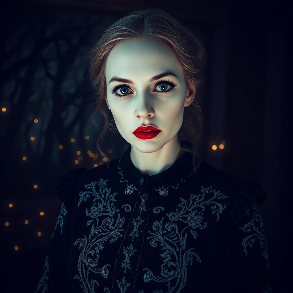 AI generated art for prompt: Create an eerie portrait of a pale-faced woman with vivid red lips and piercing black eyes, evoking 