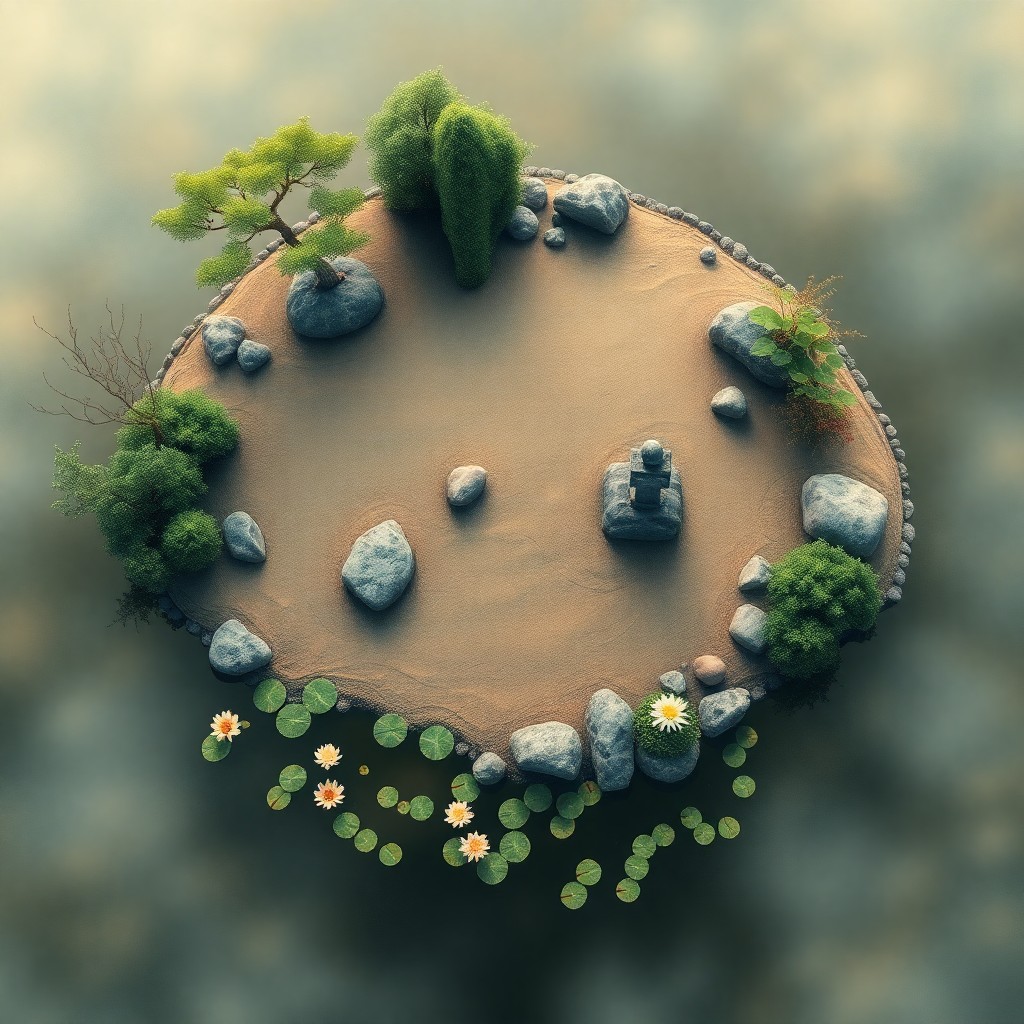 AI generated art for prompt: Craft an enchanting digital artwork portraying a tranquil Zen garden panorama from an overhead view,