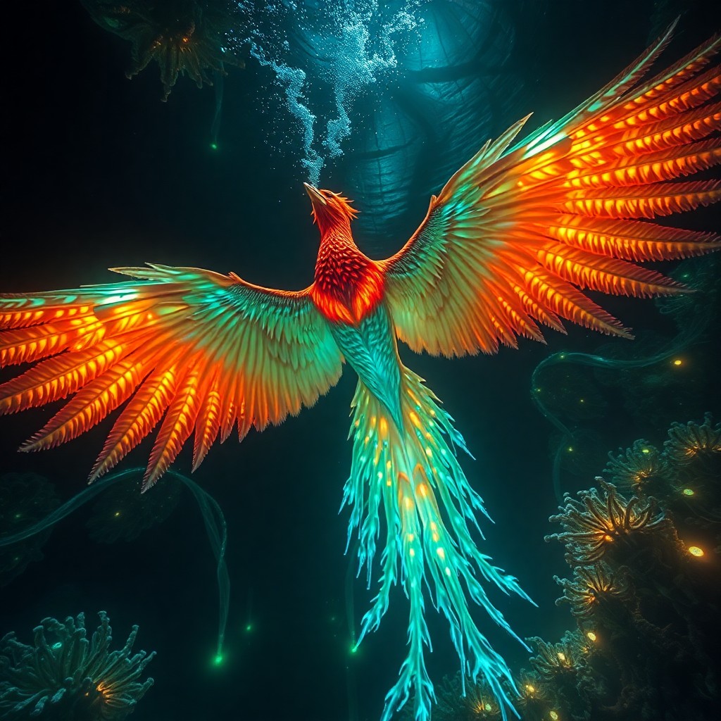 AI generated art for prompt: A surreal underwater scene where a resplendent phoenix, its feathers gleaming with iridescent hues, 