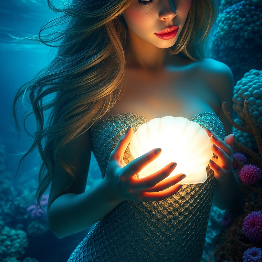 AI generated art for prompt: Imagine an enchanting underwater scene in a dreamlike style, where a mermaid with shimmering scales 