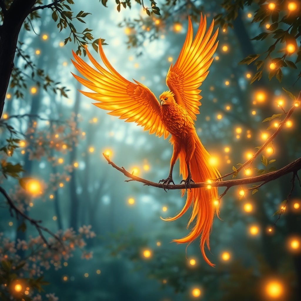 AI generated art for prompt: A mesmerizing digital art piece showcases an enchanting forest scene where a graceful phoenix alight