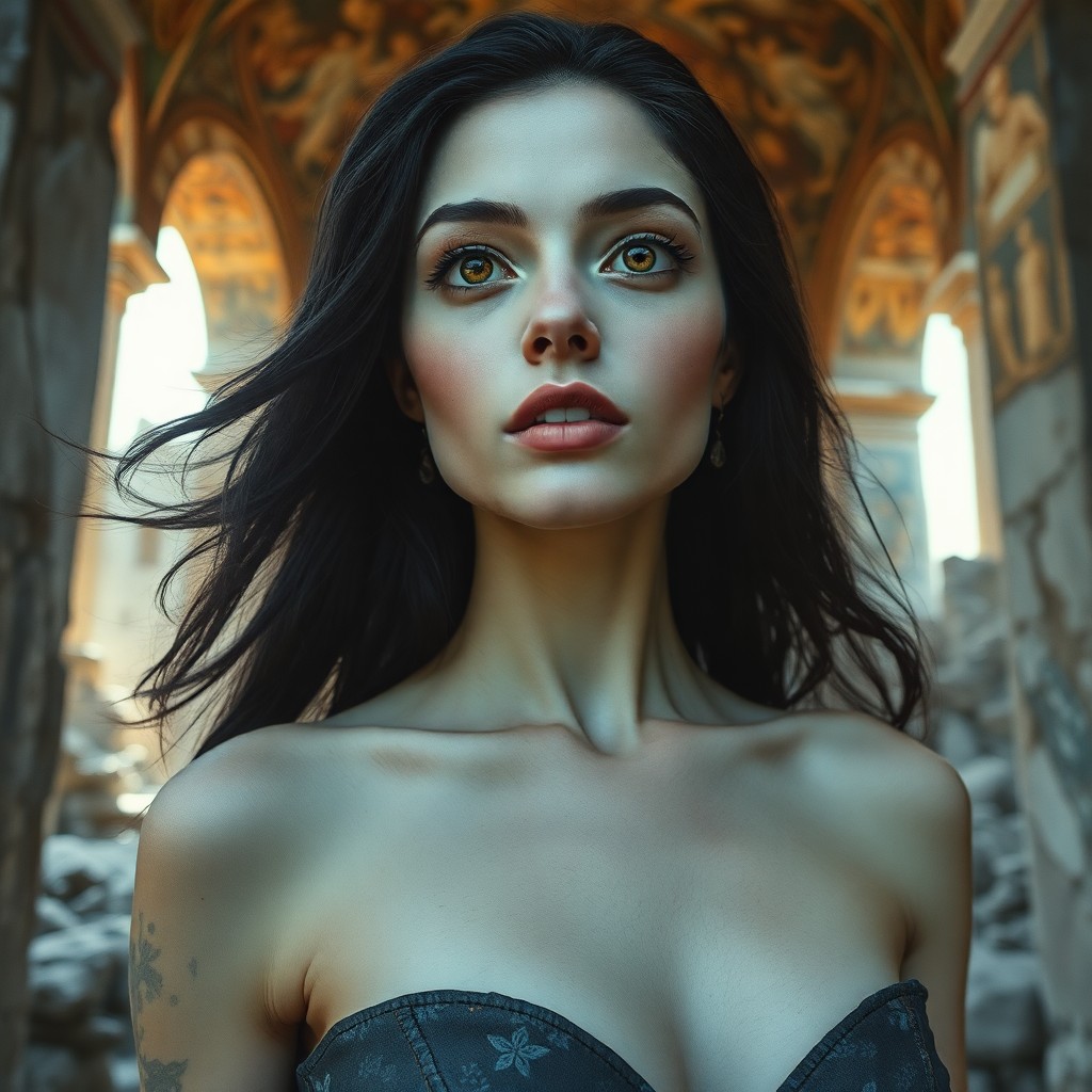 AI generated art for prompt: A striking portrait of an enigmatic woman with translucent skin and mesmerizing amber eyes, her lust