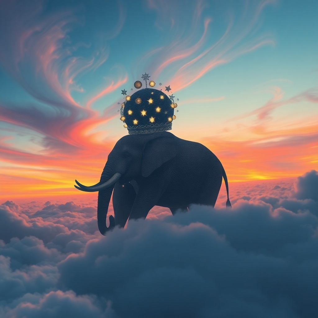 AI generated art for prompt: A surreal digital artwork depicts an awe-inspiring scene with a regal elephant adorned in a crown of