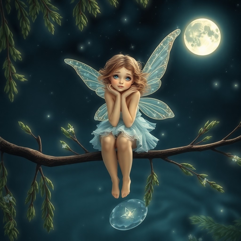 AI generated art for prompt: An ethereal portrait of a celestial fairy perched on a moonlit willow branch; her gossamer wings cat