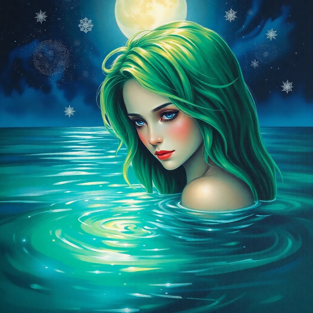 AI generated art for prompt: A serene portrait in an impressionist style depicts a mermaid with vibrant green hair, her enigmatic