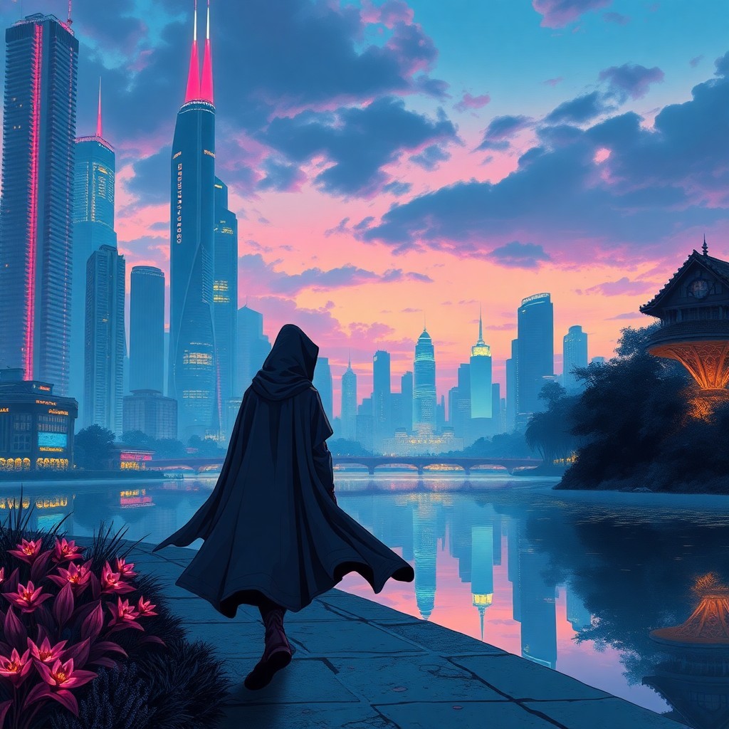 AI generated art for prompt: Craft an image reminiscent of Moebius' distinctive style, illustrating a futuristic cityscape bathed