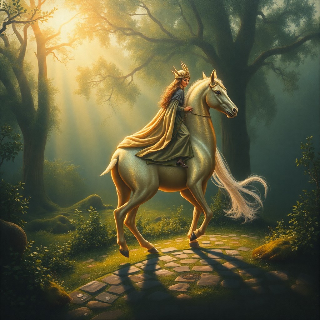 AI generated art for prompt: A mesmerizing surrealist oil painting captures a regal mythical creature gracefully traversing a mys