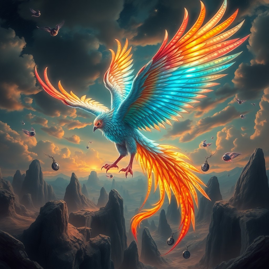 AI generated art for prompt: A resplendent mythical creature with shimmering feathers and luminous eyes gracefully flies through 