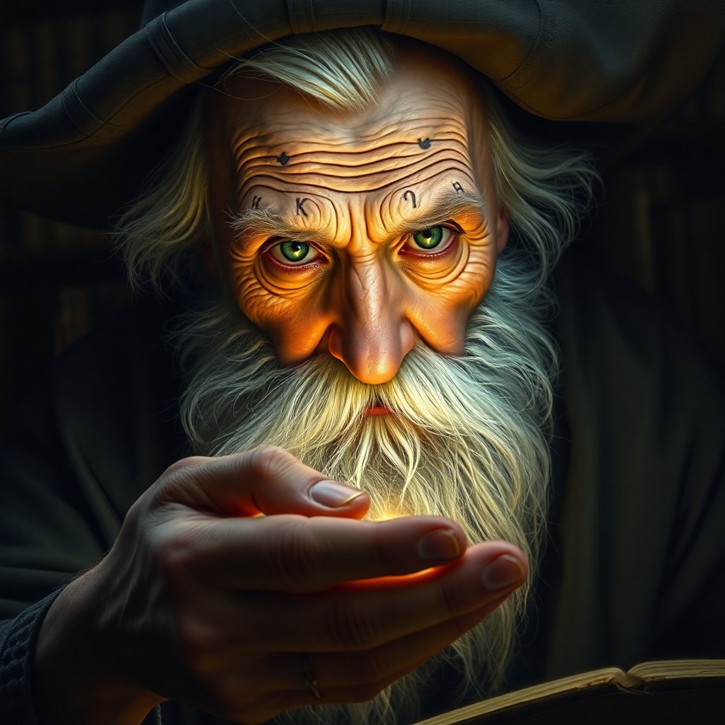 AI generated art for prompt: A close-up portrait of an enigmatic old wizard with a thick, white beard is rendered in an oil paint