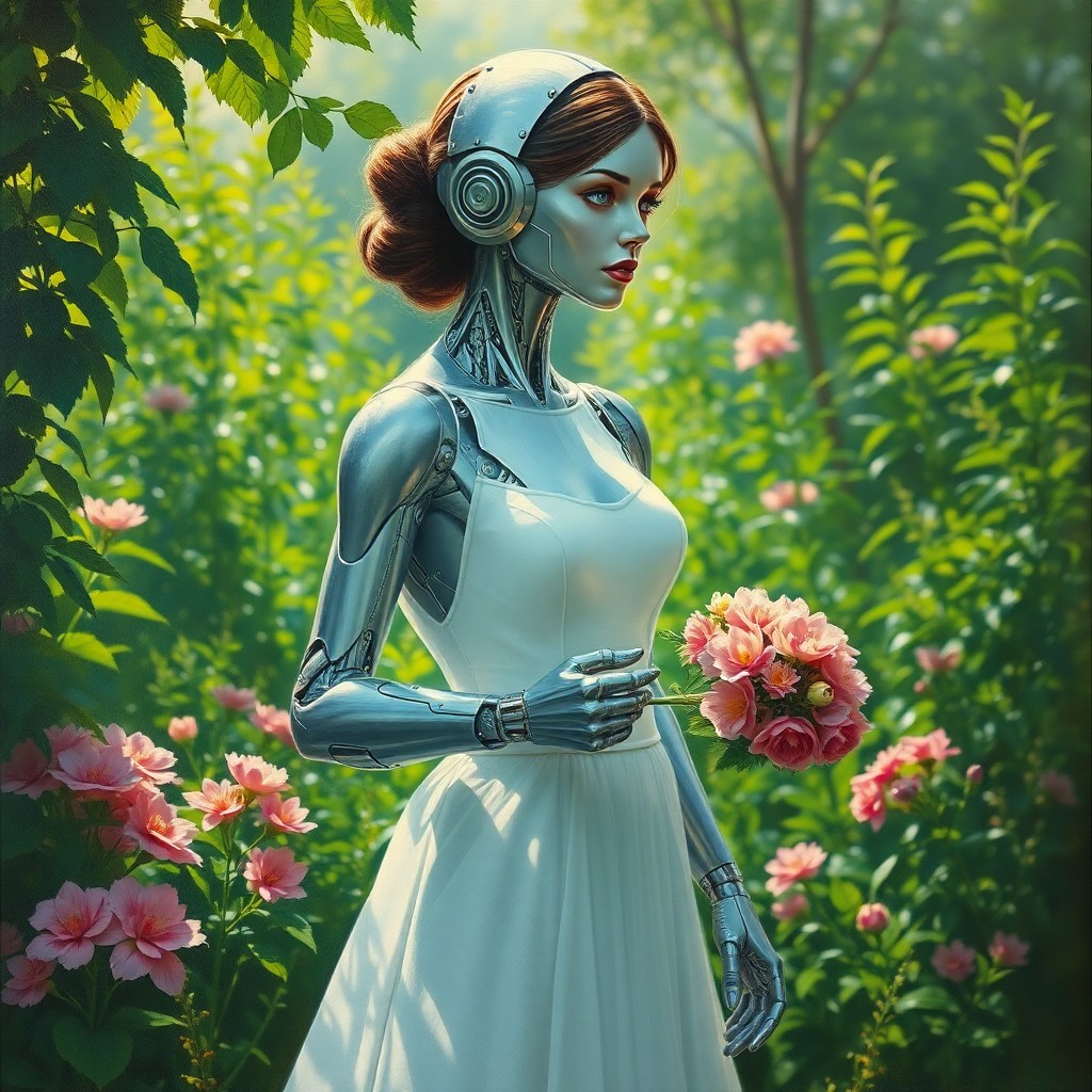 AI generated art for prompt: A surreal oil painting capturing a woman in an ethereal white gown standing amidst a verdant garden,