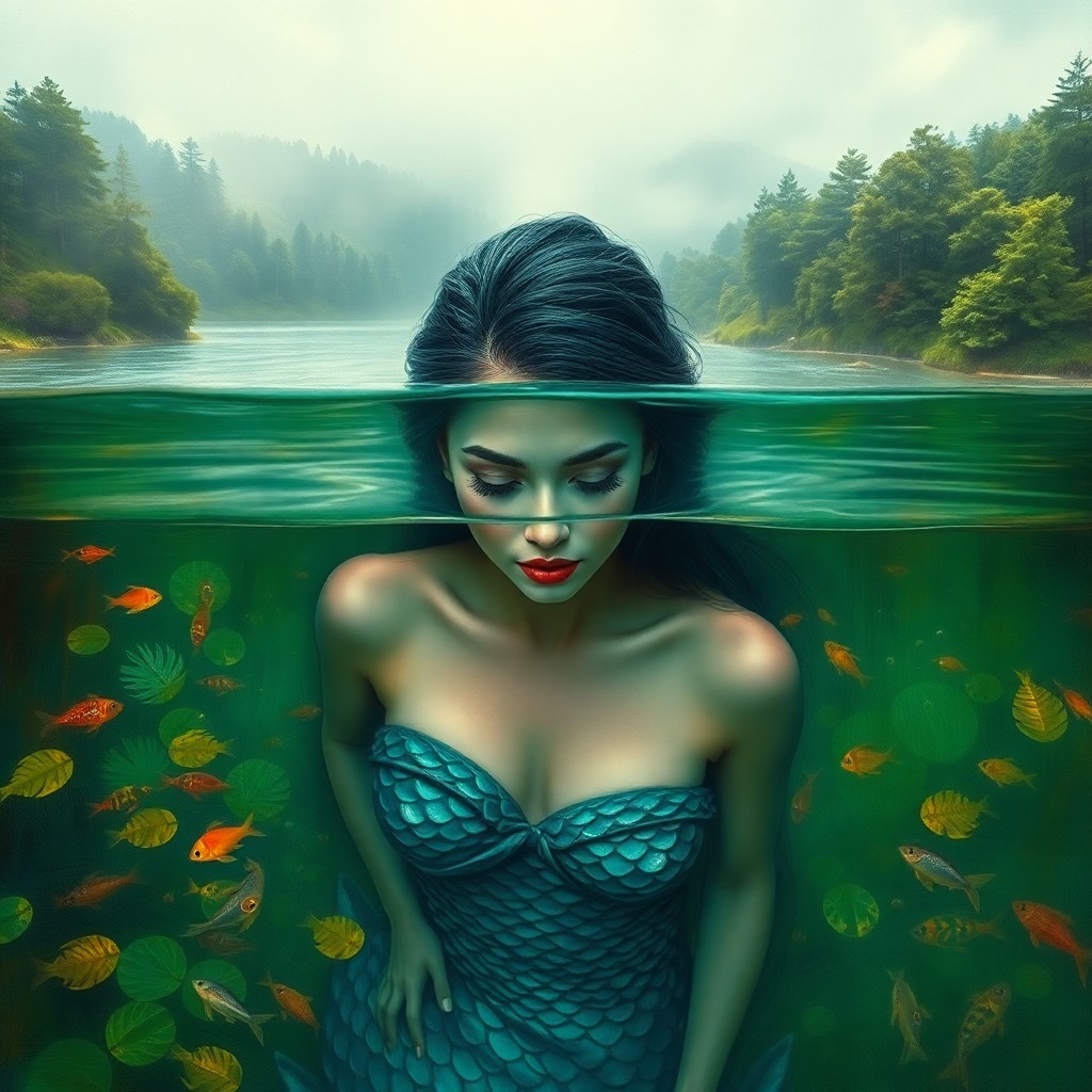 AI generated art for prompt: A surreal portrait captures a mesmerizing mermaid with scales reflecting deep blue and emerald green