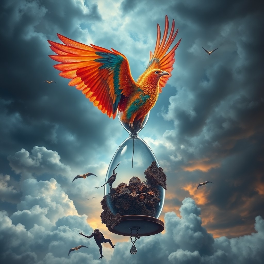 AI generated art for prompt: A surreal portrait capturing a mesmerizing scene where an awe-inspiring phoenix, its iridescent plum