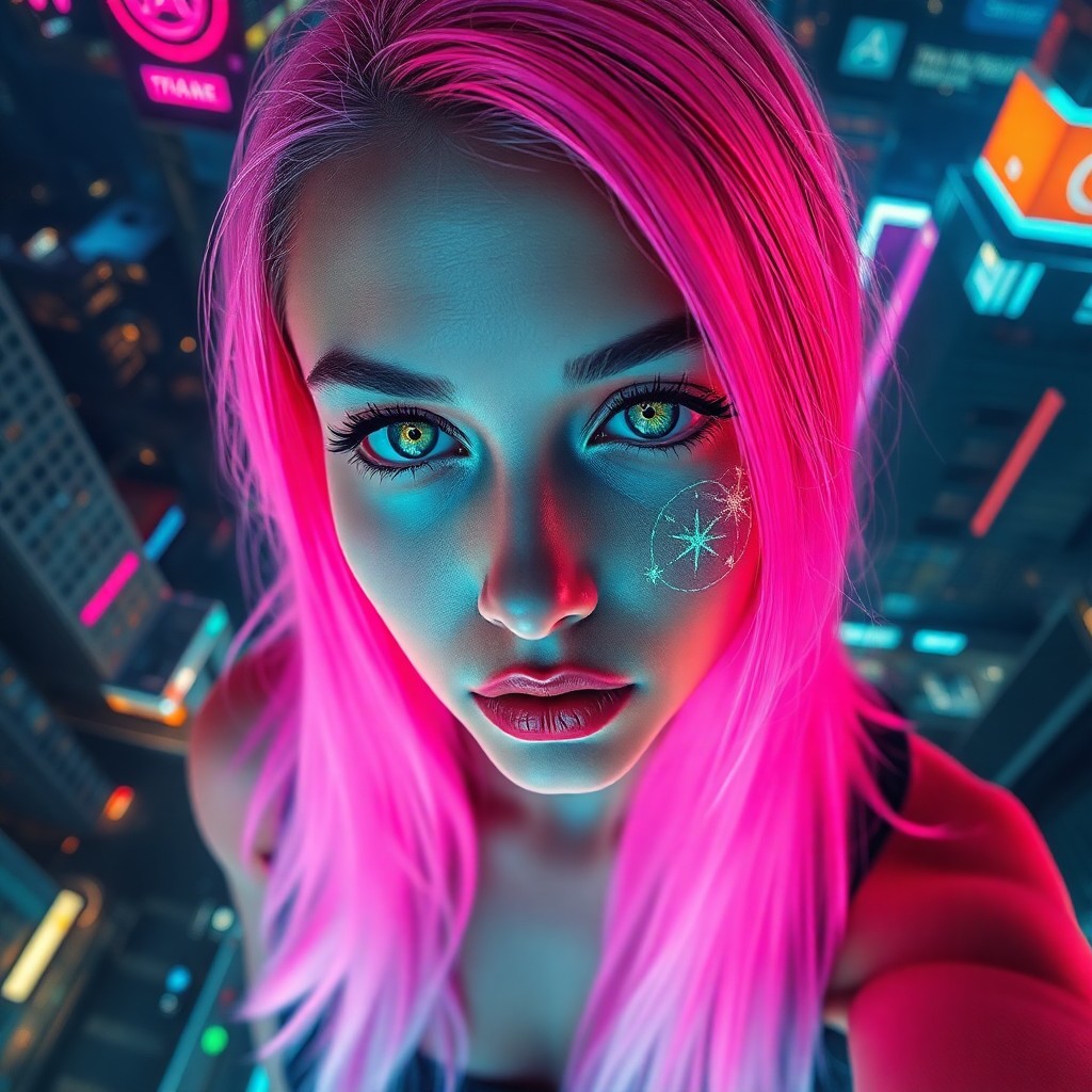 AI generated art for prompt: A captivating cyberpunk portrait showcases a woman with electric neon-pink hair flowing down her nec