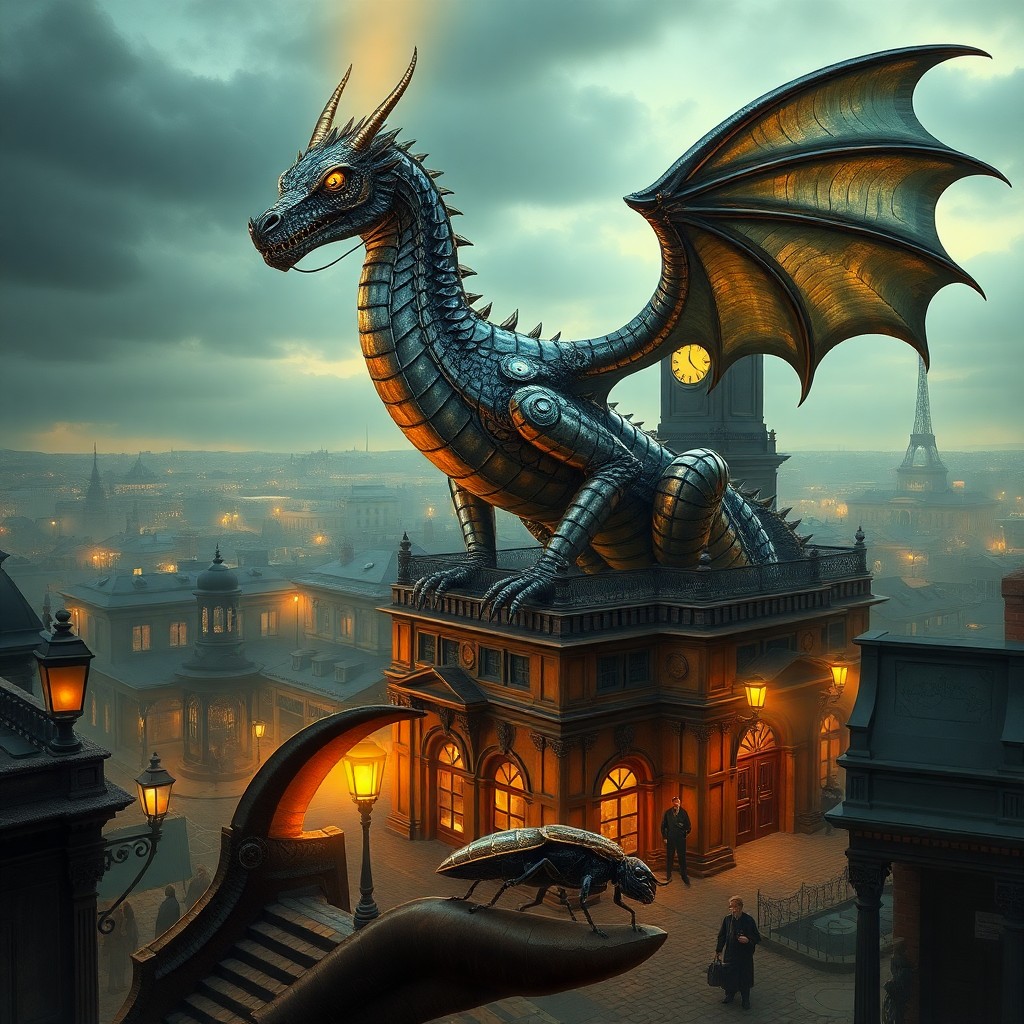 AI generated art for prompt: A majestic steampunk dragon sits atop a grand tower in a lively 19th-century cityscape, its metallic