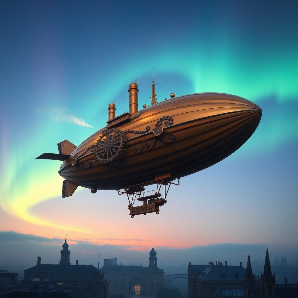 AI generated art for prompt: An airship, adorned with intricate brass gears and copper filigree, glides gracefully through an enc