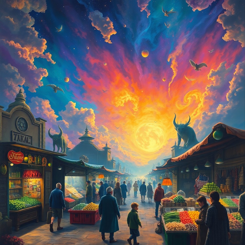 AI generated art for prompt: A surreal landscape captures a bustling bazaar illuminated by a kaleidoscopic sky, reminiscent of dr