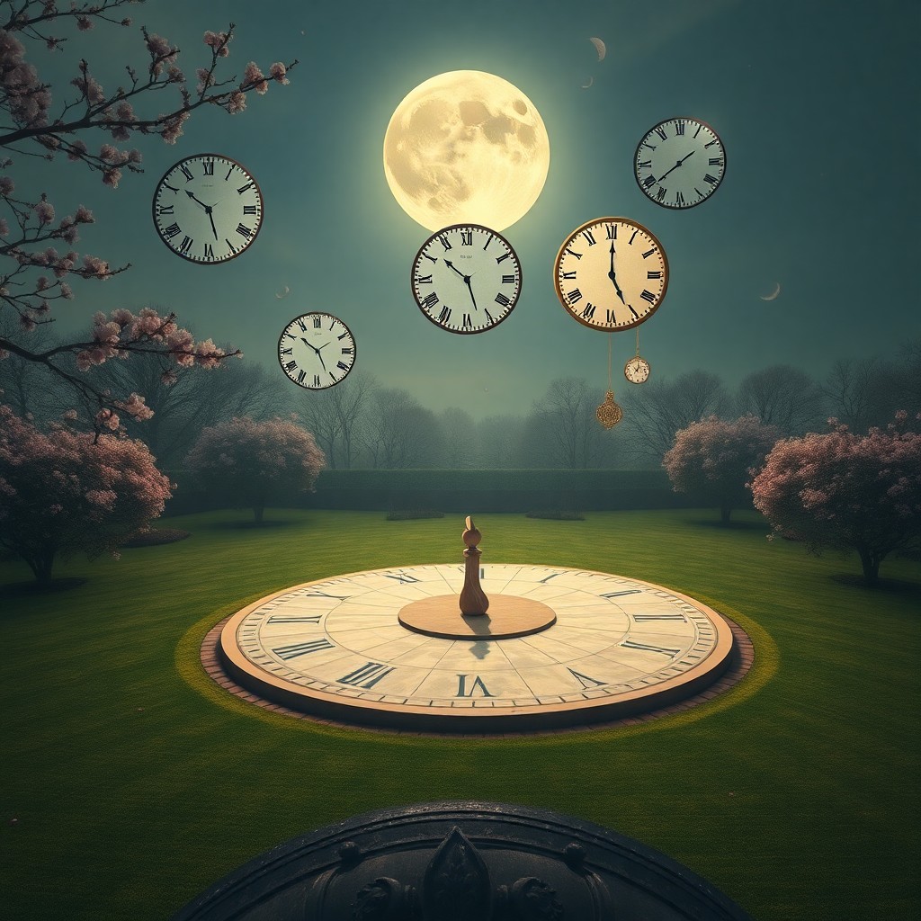 AI generated art for prompt: Craft an image in the surrealistic style, depicting a tranquil moonlit garden with floating timepiec