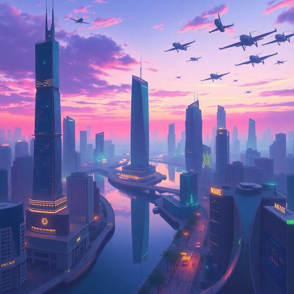 AI generated art for prompt: A captivating digital artwork depicts an otherworldly cityscape at dawn, with skyscrapers towering a