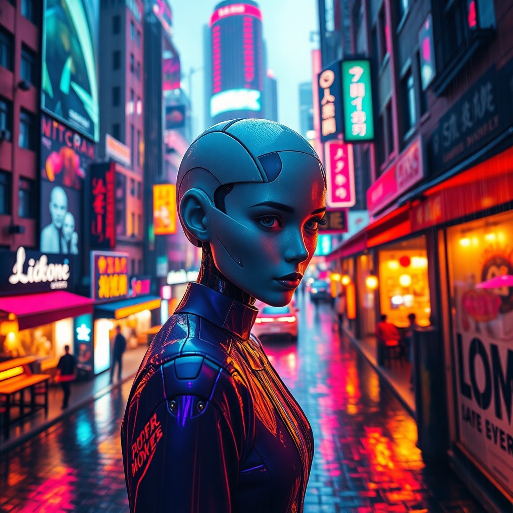 AI generated art for prompt: Picture a futuristic metropolis bathed in neon hues, with towering edifices and vibrant streets shim