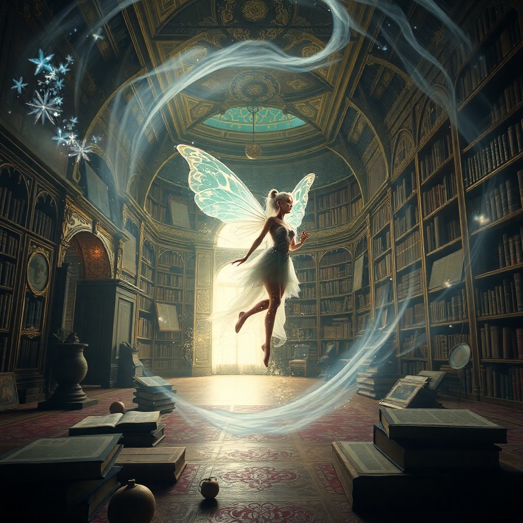 AI generated art for prompt: A mesmerizing digital artwork depicting an ethereal fairy emerging from a timeless, enigmatic librar