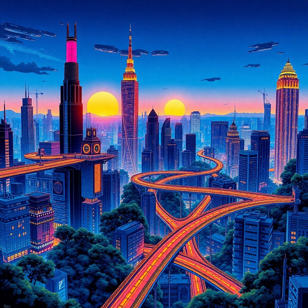 AI generated art for prompt: An intricate digital artwork depicting a futuristic cityscape at dusk, illuminated by glowing neon l