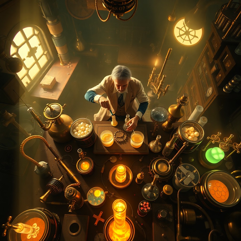 AI generated art for prompt: A surreal digital artwork depicting an enigmatic alchemist at work in his laboratory, surrounded by 