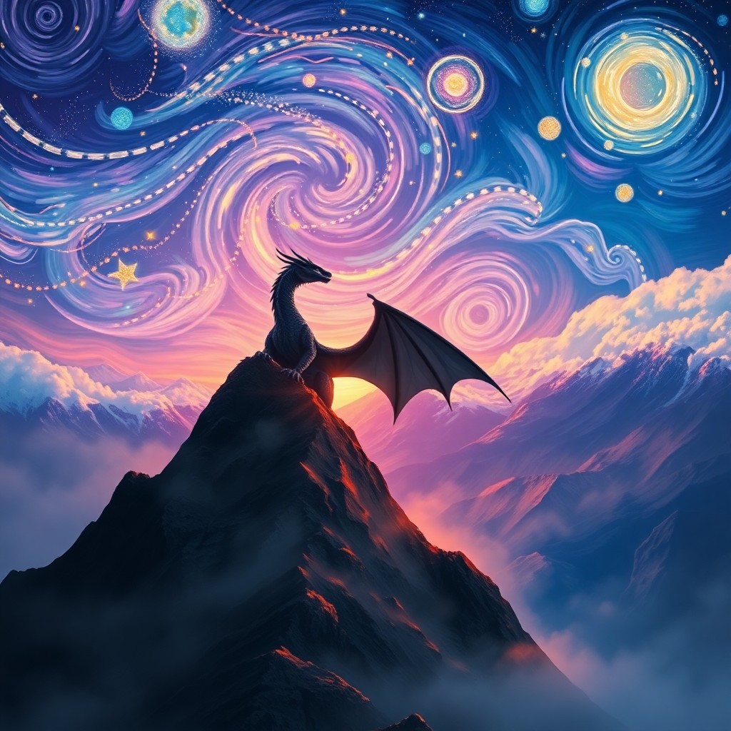 AI generated art for prompt: A majestic dragon perched atop a misty mountain peak at dawn, inspired by the classic painting "Star