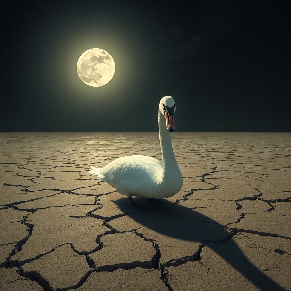 AI generated art for prompt: Craft an image reminiscent of surrealist dreamscapes, depicting a solitary swan gliding across a vas