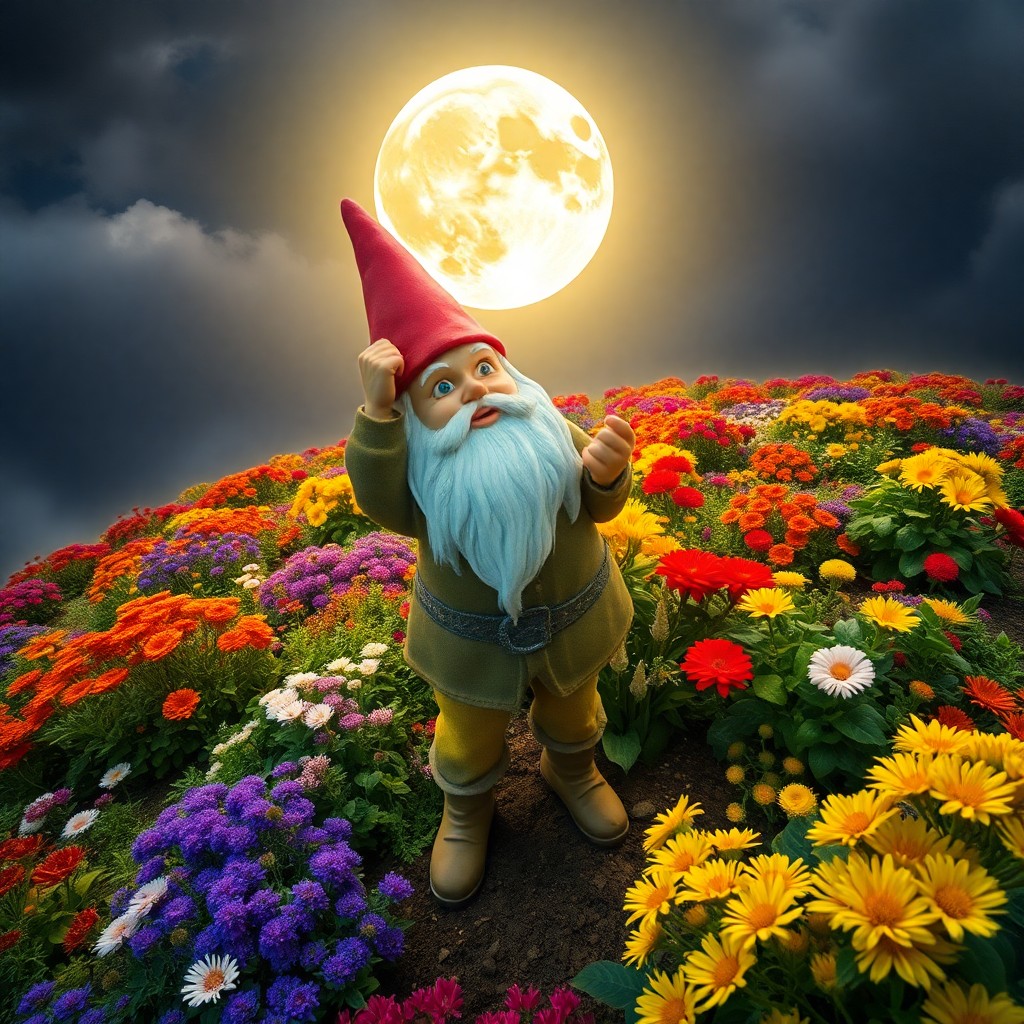 AI generated art for prompt: In this whimsical yet surreal scene, a garden gnome rises majestically amidst an abundant, colorful 