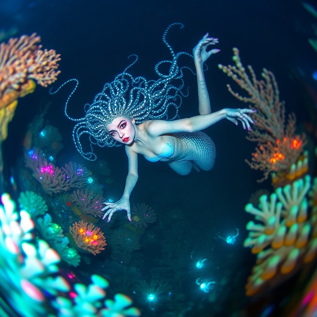 AI generated art for prompt: A surreal underwater scene depicting an enigmatic mermaid with elongated limbs and tentacle-like hai