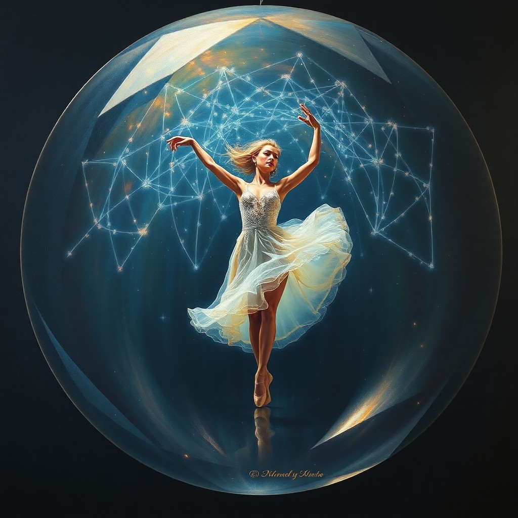 AI generated art for prompt: An elaborate oil painting captures an ethereal celestial dancer within a shimmering crystal dome, re