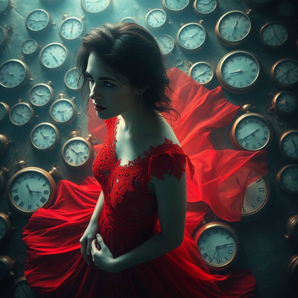 AI generated art for prompt: A mesmerizing digital art portrait captures a mysterious woman in a vibrant red dress with intricate