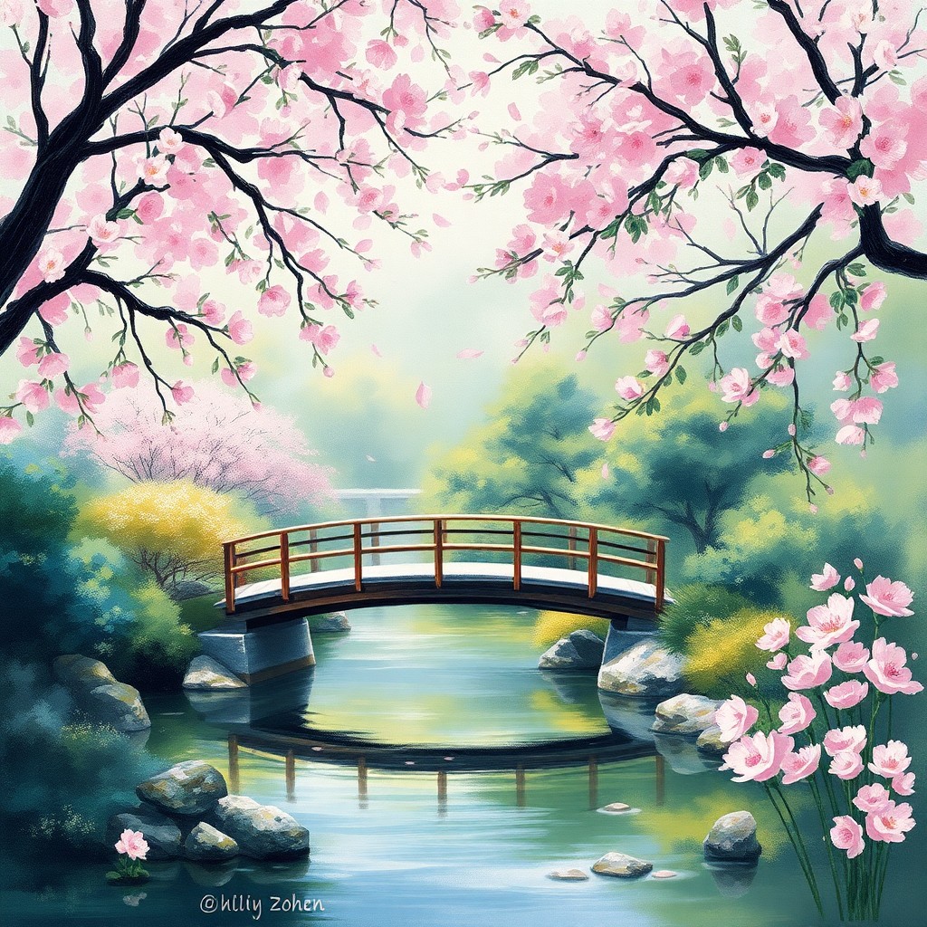 AI generated art for prompt: Craft an impressionistic landscape painting capturing a tranquil Japanese garden with cherry blossom