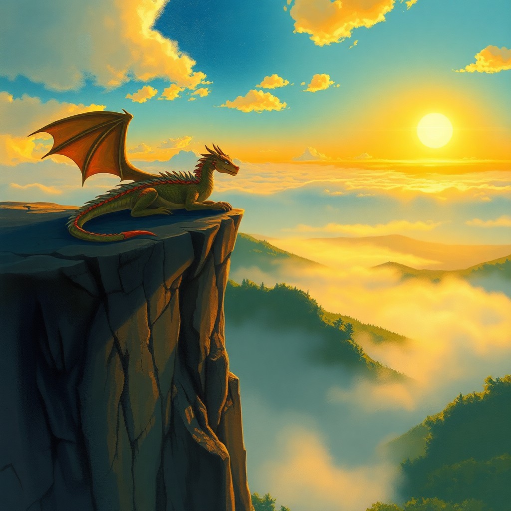 AI generated art for prompt: Visualize an alluring, whimsical landscape where a noble dragon reclines on a precipice overlooking 