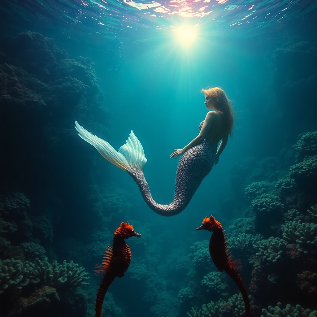 AI generated art for prompt: In this surreal underwater scene, a majestic mermaid with iridescent scales navigates through an int