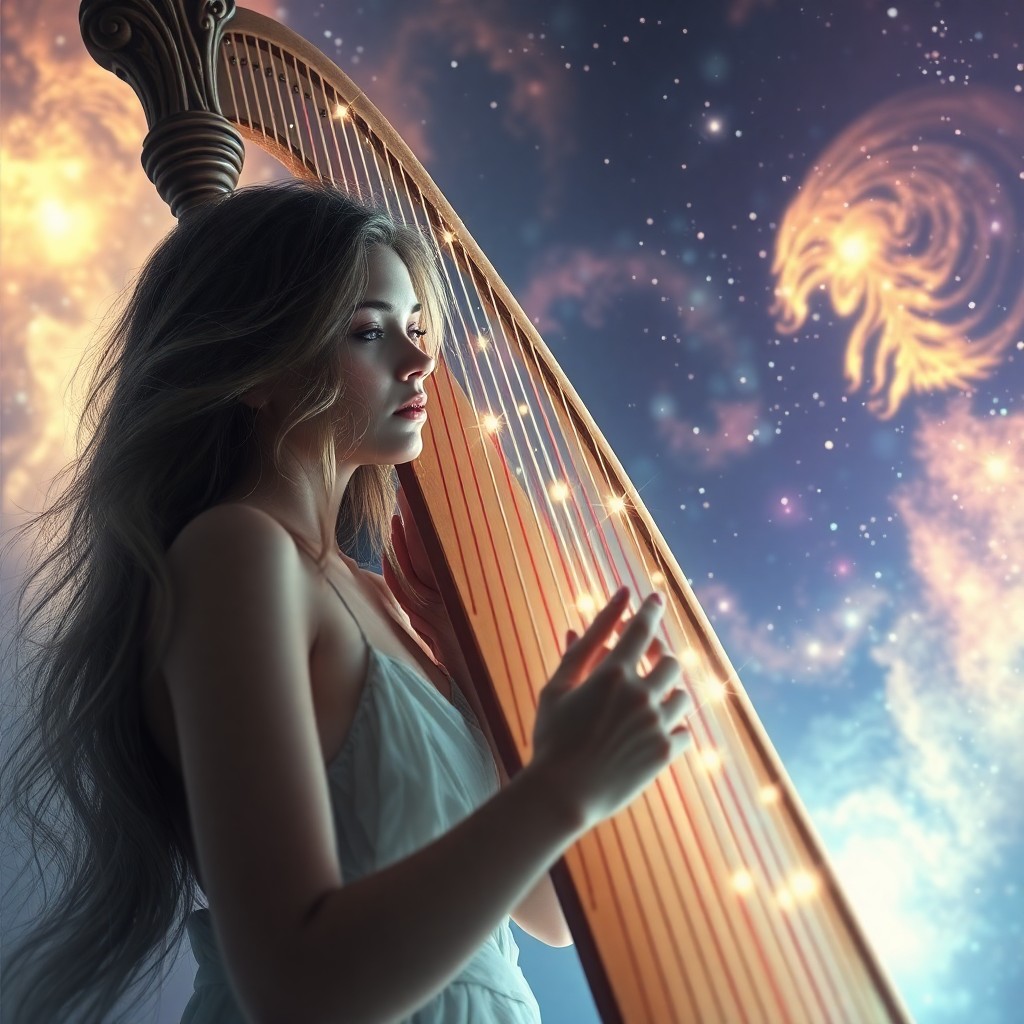 AI generated art for prompt: An alluring digital artwork showcases a tranquil female harpist enveloped in otherworldly illuminati