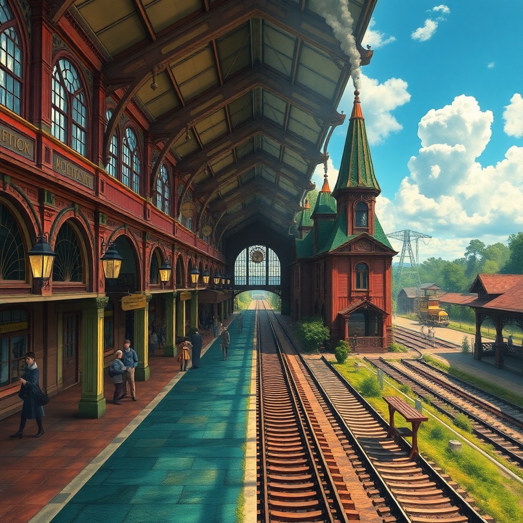 AI generated art for prompt: An imaginative digital piece captures a bustling Victorian-era train station from an unusual perspec