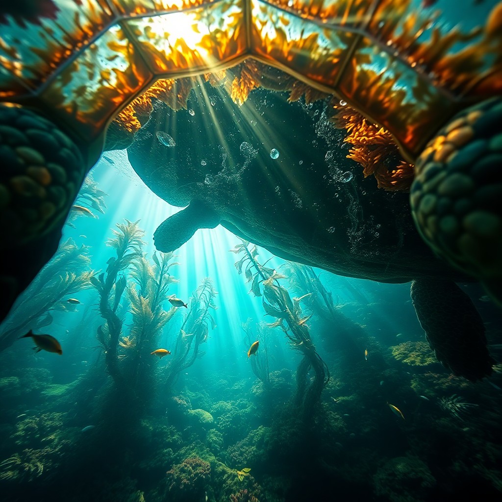 AI generated art for prompt: A surreal digital artwork captures an ethereal underwater vista from within the translucent carapace