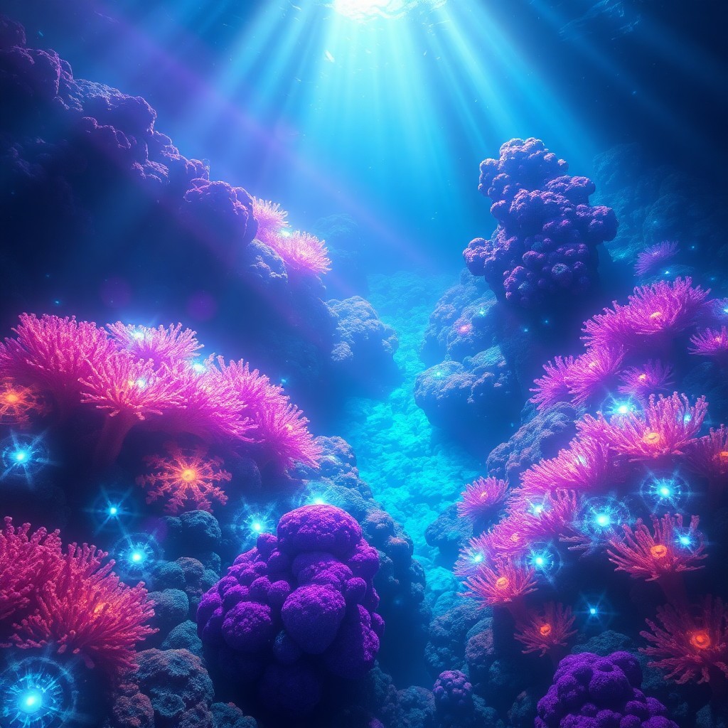 AI generated art for prompt: Craft an enchanting digital painting depicting a surreal underwater realm where bioluminescent coral