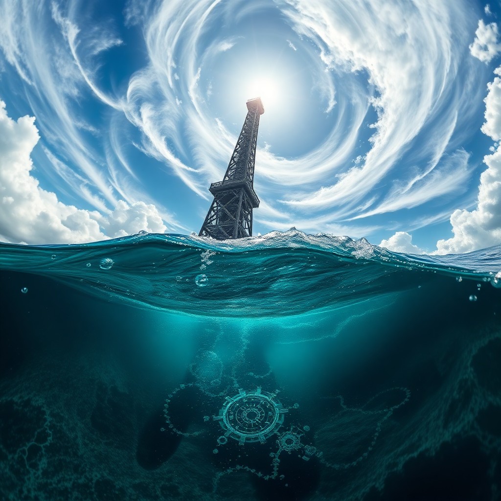 AI generated art for prompt: Imagine an enchanting seascape infused with surreal elements, where a colossal tower arises from tum