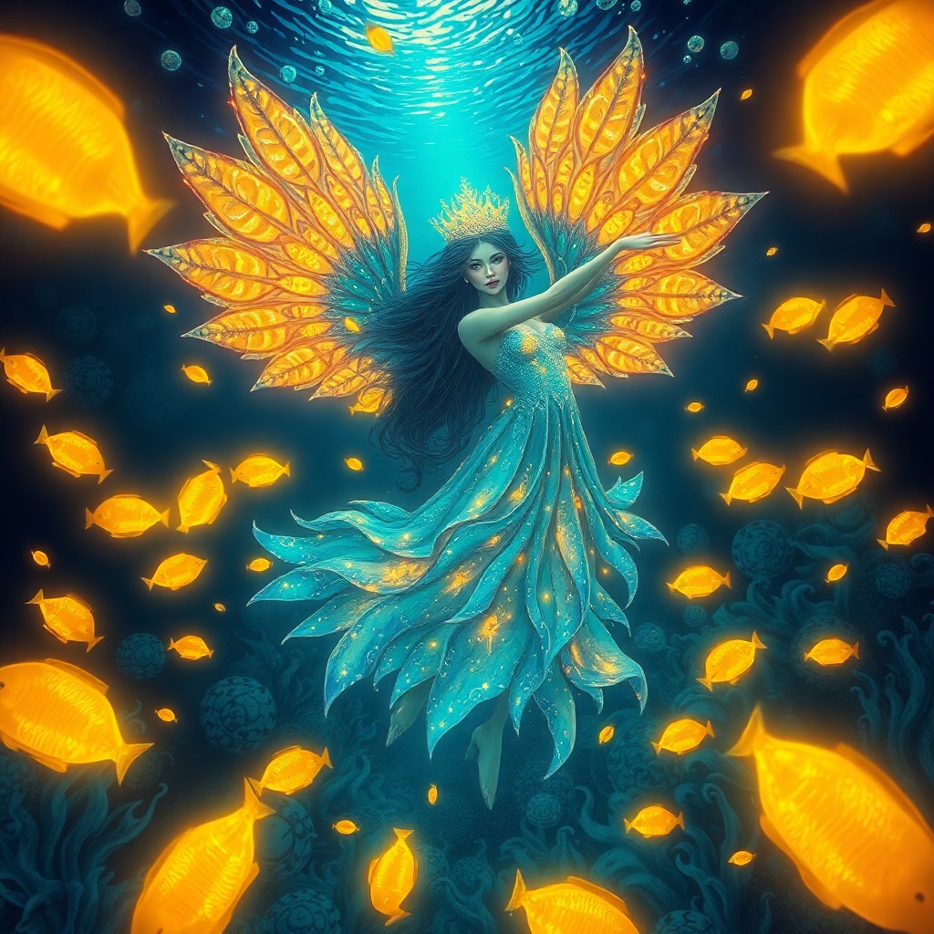 AI generated art for prompt: An enigmatic portrait of an aquatic deity with shimmering scales and iridescent wings is depicted fr