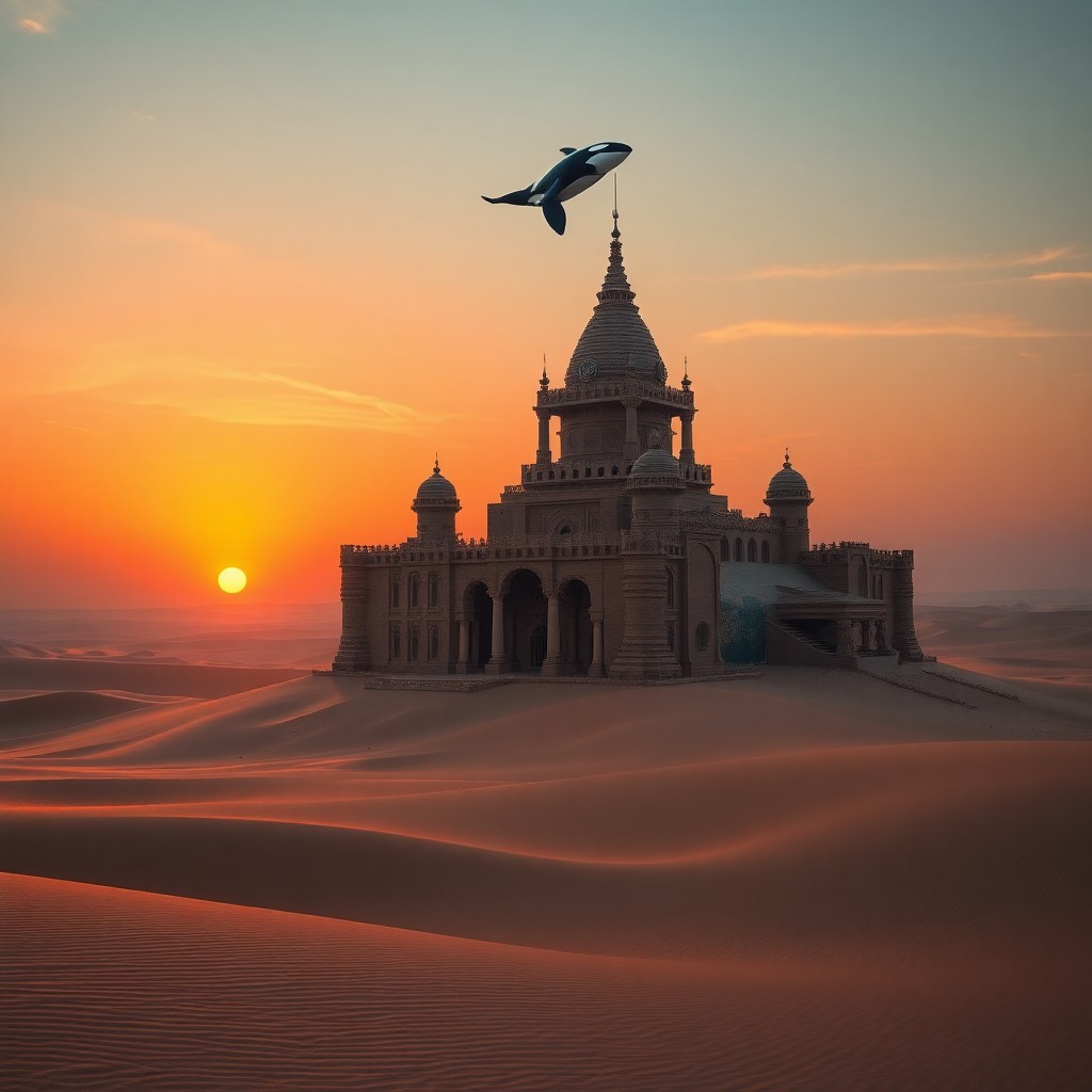 AI generated art for prompt: A surreal digital art piece captures a vast desert landscape at dusk, with an imposing sandcastle ri