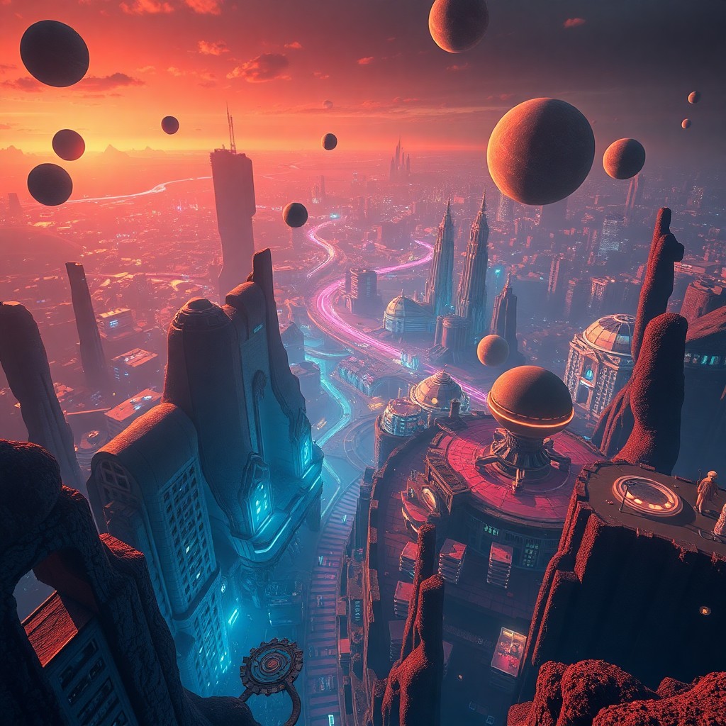 AI generated art for prompt: A surreal dreamscape showcases a futuristic cityscape from an aerial viewpoint, blending organic sha