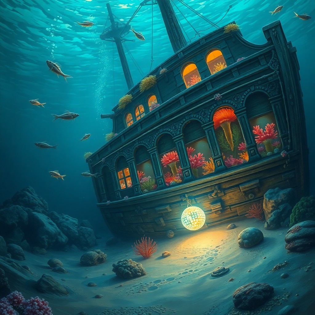 AI generated art for prompt: An enchanting underwater scene reminiscent of imaginative oil paintings, with luminescent sea creatu