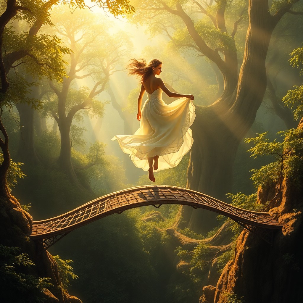 AI generated art for prompt: A serene female figure gracefully balances on an intricate bridge over a verdant forest floor, her f