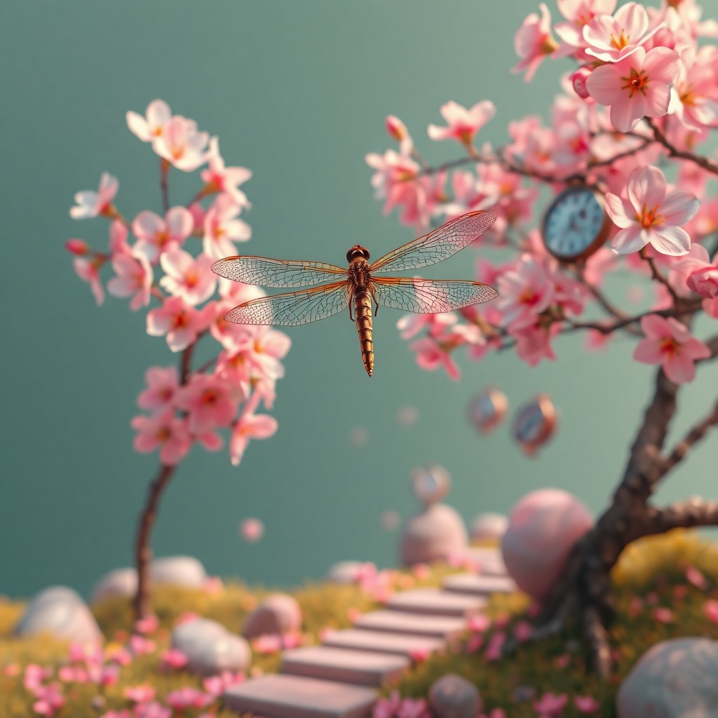 AI generated art for prompt: Envision an otherworldly landscape with a perspective akin to that of a diminutive golden dragonfly 