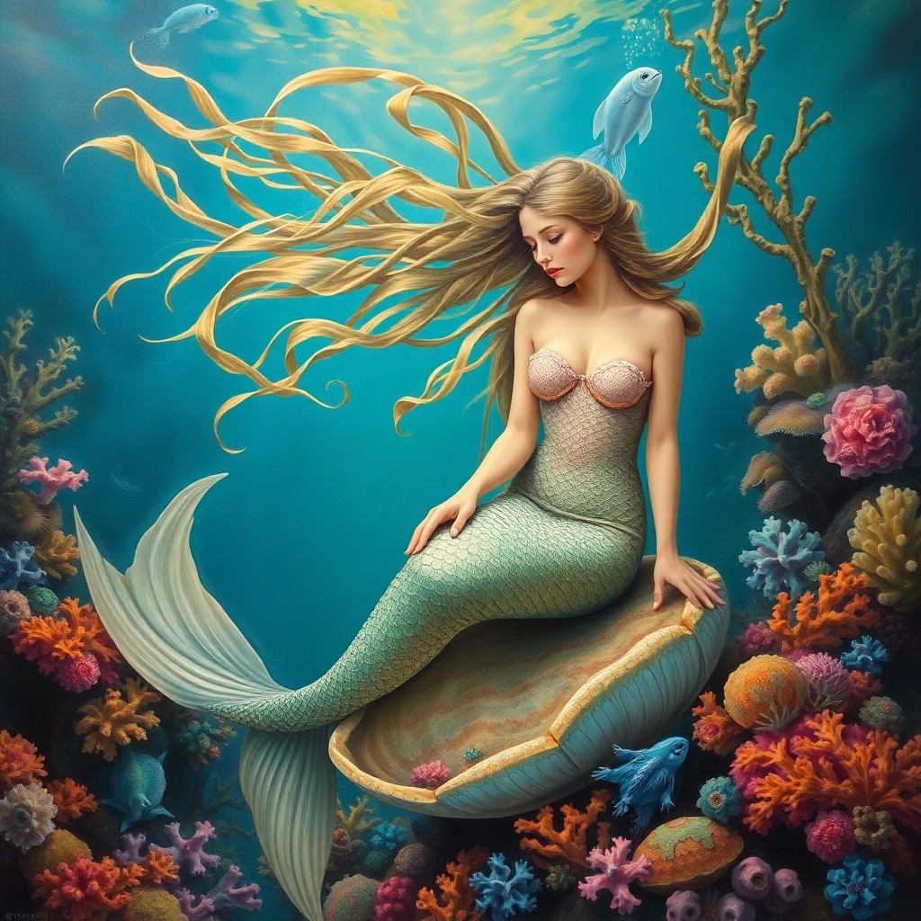 AI generated art for prompt: Imagine an oil painting brimming with romanticism, capturing a mermaid amidst a vibrant coral reef. 